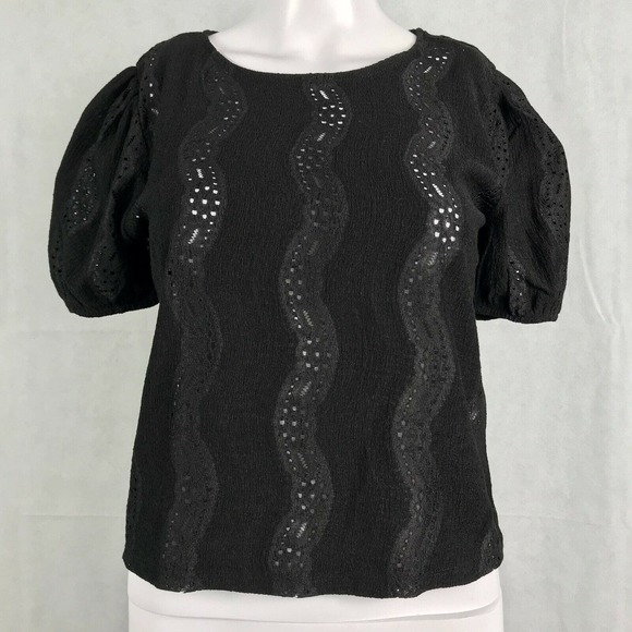 Zara Shirt Womens Sz M Black Knit Lace Stripe‎ Balloon Half Sleeve Top - Picture 1 of 10